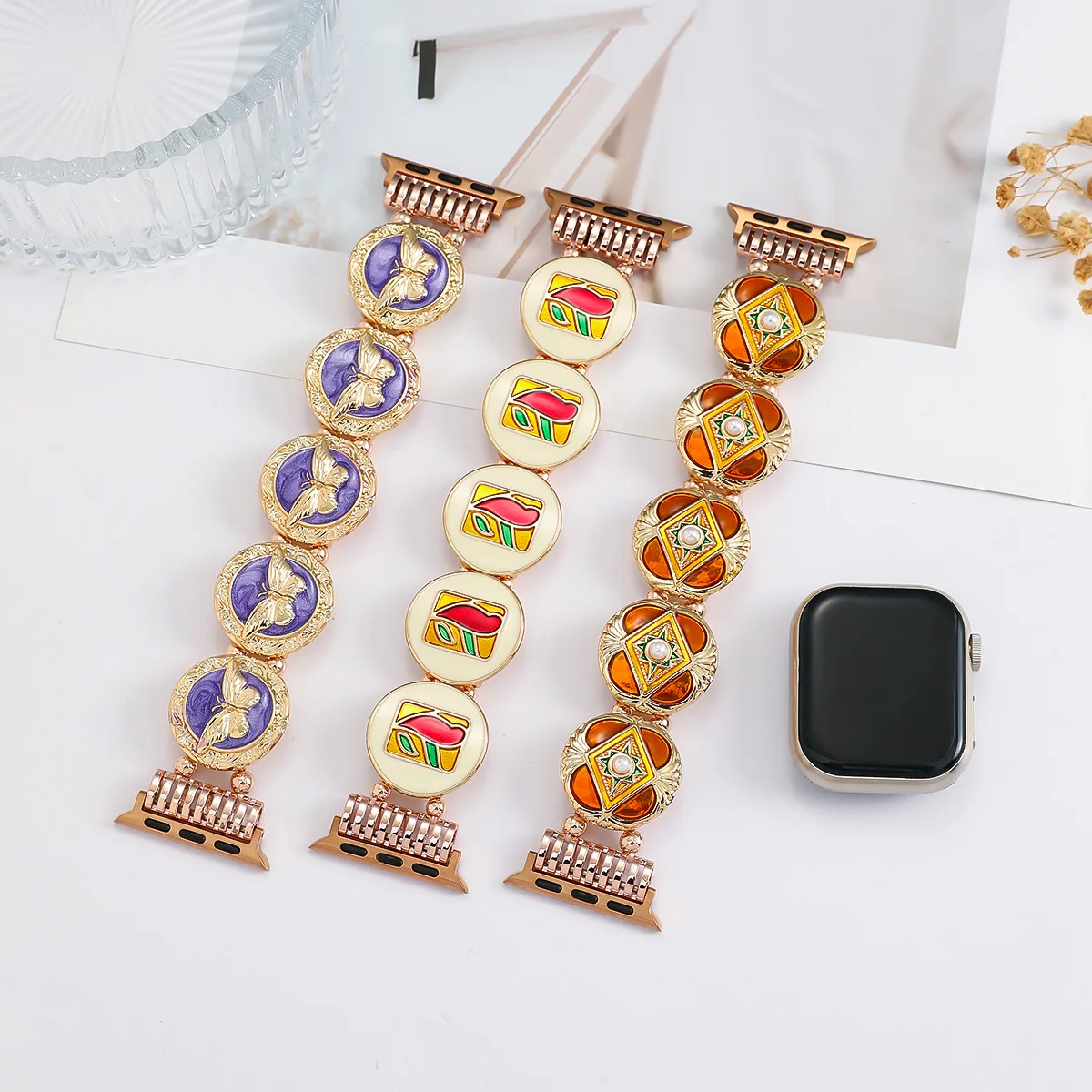 Enamel Metal Strap for Apple Watch 38 40 41 42 44 45 46 49mm Art‑Deco Jewelry Bracelet Band for IWatch Series10 9 8 7 6 SE Ultra