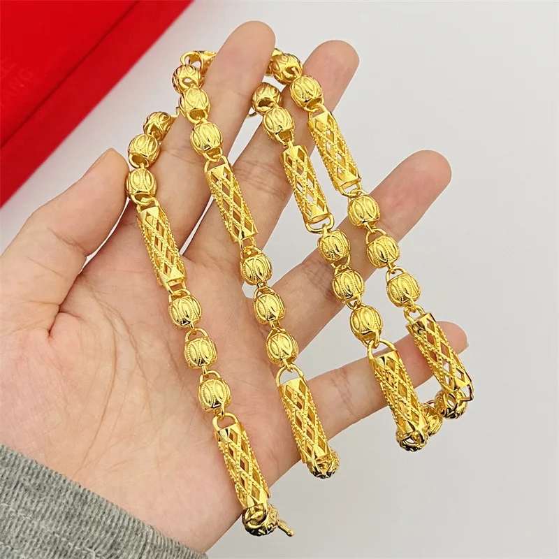 

24K real gold jewelry empty cylindrical lantern 9999 men and women necklace fashion accessories chain