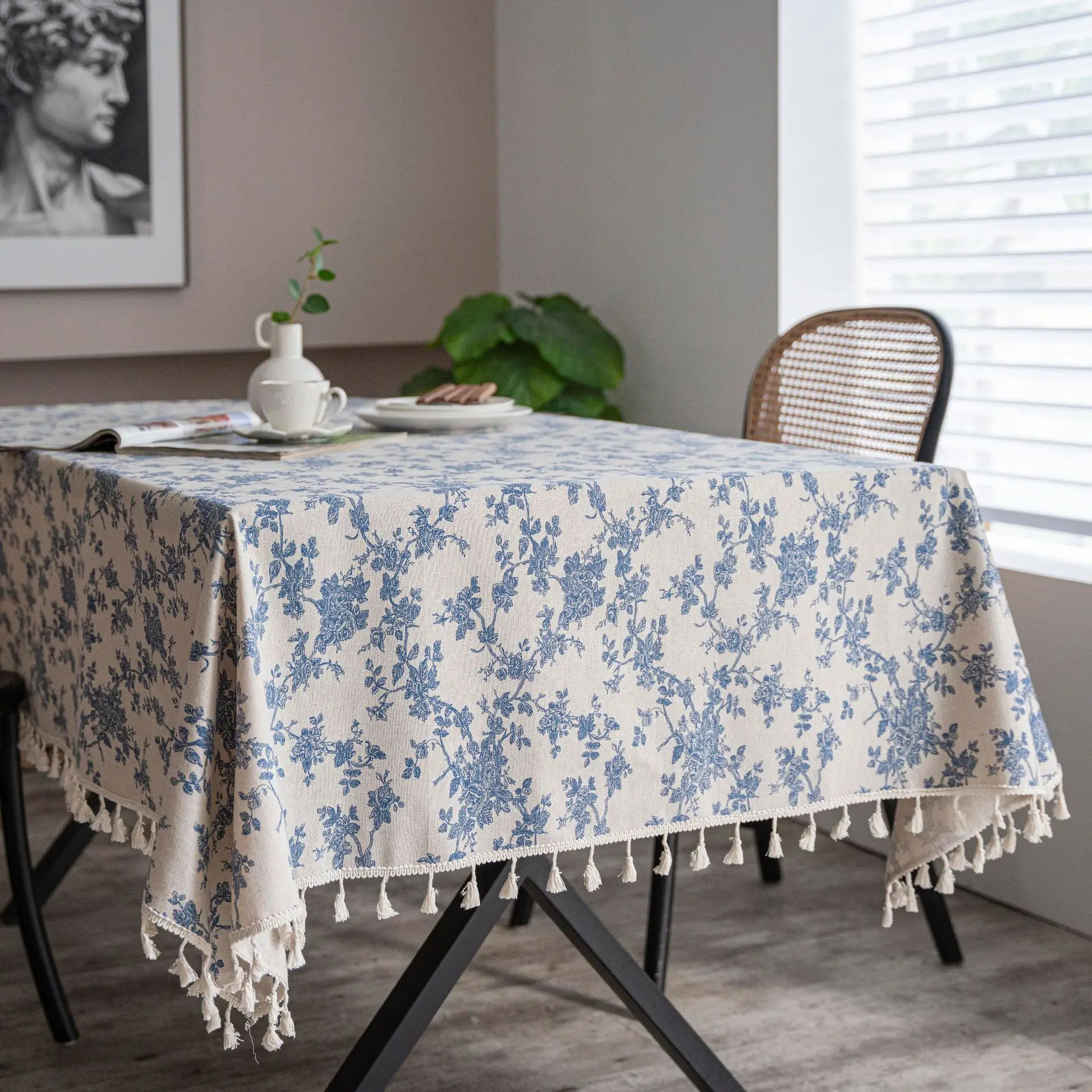 Retro Cotton and Linen Printed Dining Table Cloth, Tassel Tablecloth Household Coffee Table Dust Cover Cloth