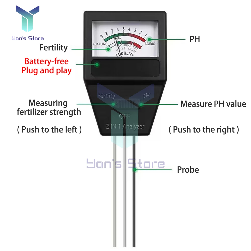 Misuratore di fertilità del PH del suolo 2 in 1 con 3 sonde Tester del PH del suolo misuratore di acidità del dispositivo di misurazione Fertile della pianta per il giardino