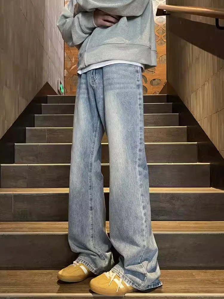 

Американские High Street Cleanfit Голубые мужские джинсы Ретро Удлиняющие ноги Прямые свободные джинсы из смеси хлопка и полиэстера