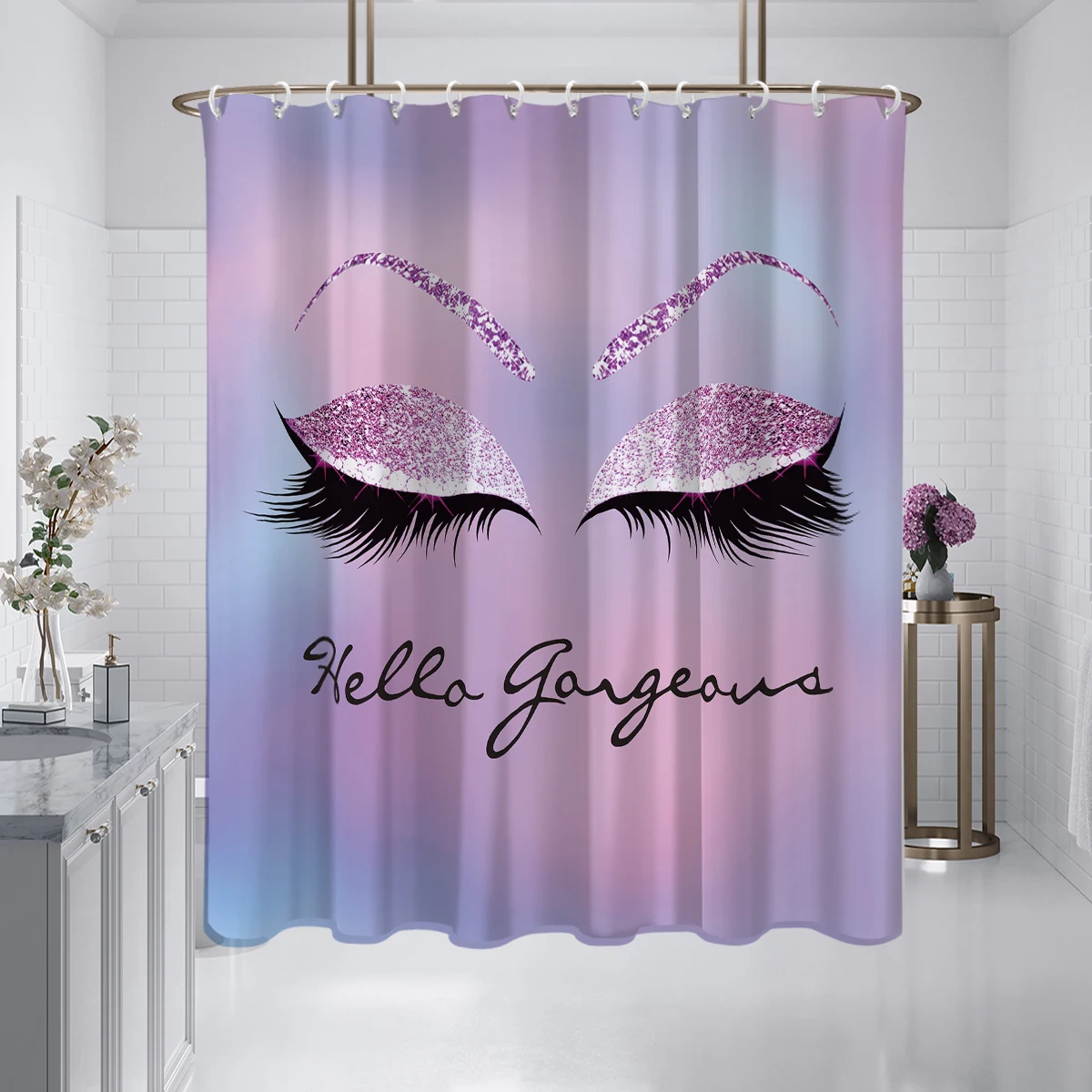 1 piece of 180x180cm pink purple gradient eyelash print shower curtain partition bathroom waterproof and mold resistant