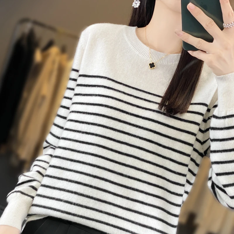 New Women's O-neck Stripe Pullover Sweater 100% Merino Wool Knitwear Autumn Winter Loose Casual Soft Cashmere Sweater Female