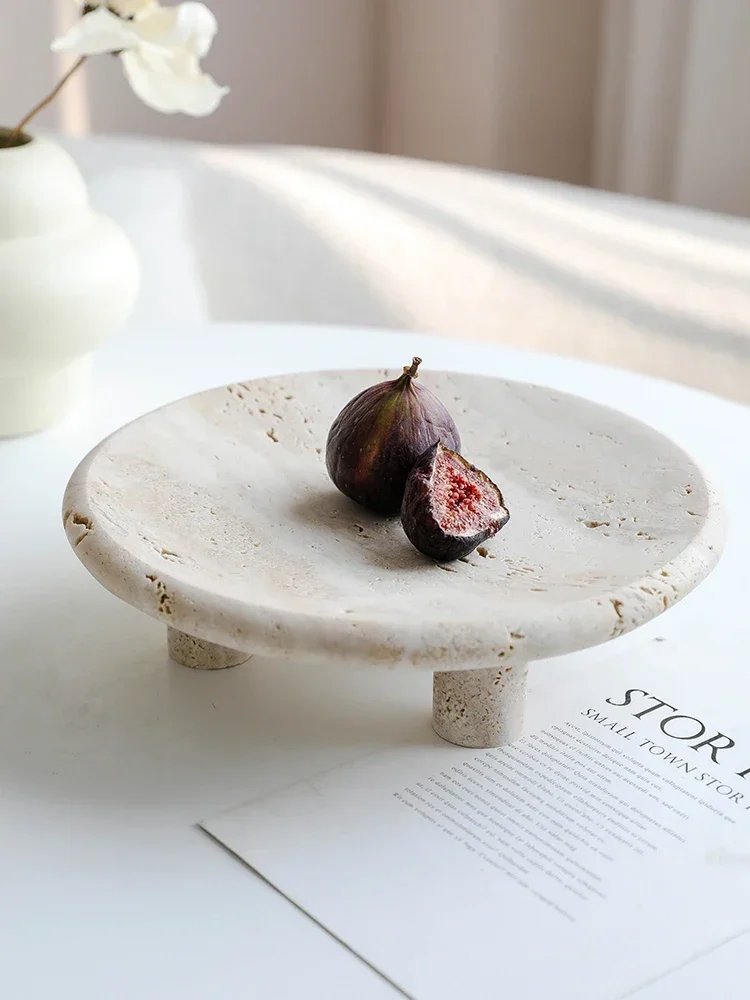 Natural Marble Reception Tray Decorative Fruit Bowl Table Decor Vintage Travertine Stone Jewelry Perfume Plate with Three-legs