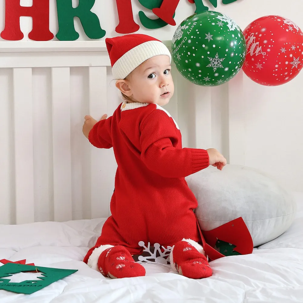 Christmas Baby Girls Boys Sets Romper Knitted Long Sleeve Santa Claus Cosplay Jumpsuit Hats Kids Infant Warm Costume Clothing