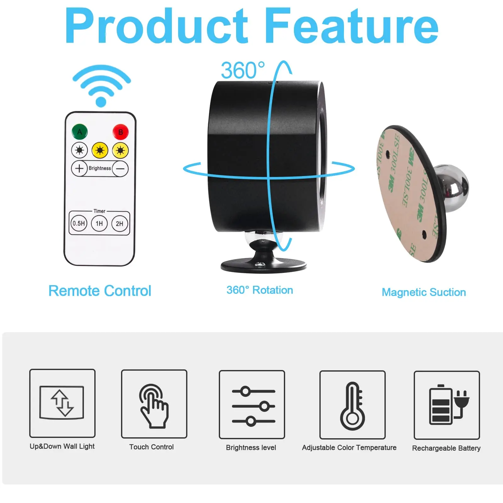 أضواء حائط LED 2 في 1 تعمل باللمس، بطارية 2000 مللي أمبير، شحن USB، 360 درجة °   مصباح ليلي للقراءة في غرفة النوم قابل للدوران