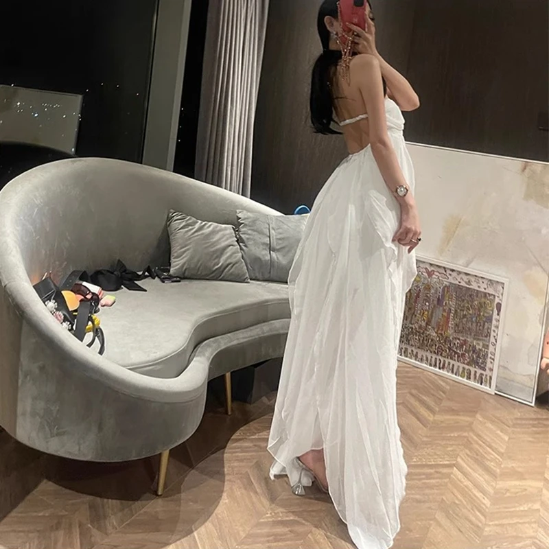 Women Summer Boho Sleeveless Choker Halter Rhinestone Starfish Decor Backless Irregular Ruffled Hem A-line Long Dress