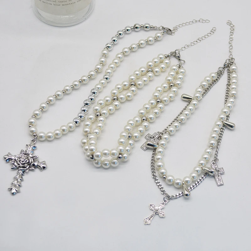 Fashion Personalized Multi-Layered Pearl Cross Pendant Necklace Clavicle Chain For Women Temperament Jewelry Accessories Gifts