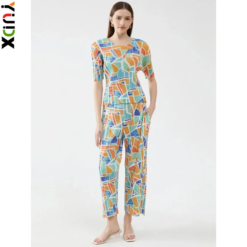 

YUDX Miyake Pleated Pants Sets New O Neck Print Short Sleeve Top + Wide Leg Pants Loose Casual 2 Pieces Women Spring New 2024