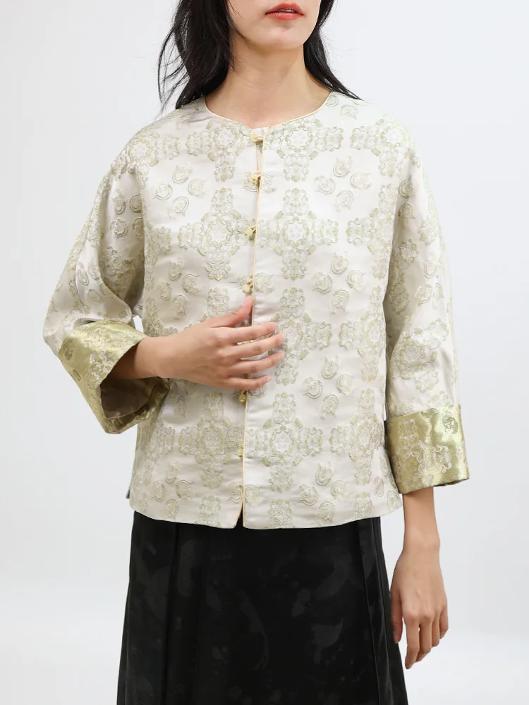 

Ретро-новинка: женская верхняя одежда в китайском стиле из шелка с вышивкой, модель Song Jin, круглый вырез, XingJiaKG53B, с цветочным узором, для повседневной носки