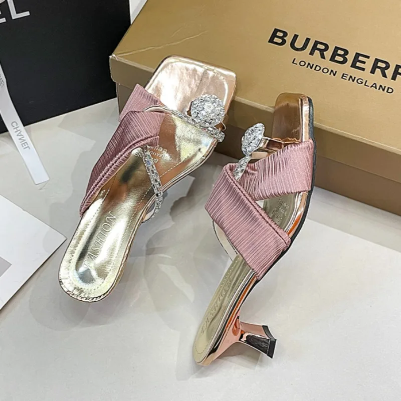 

Clip Toe High Heels Crystal Slippers Women Sandals Square Toe Shoes 2025 Summer Elegant Dress Open Toe Slides Trend Party Pumps