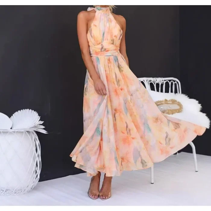 

Flower Dress for Women Print Hollow Backless Holiday Fashion Lace Up Sleeveless Pleated Party Dresses New 2025 Summer Long Skirt