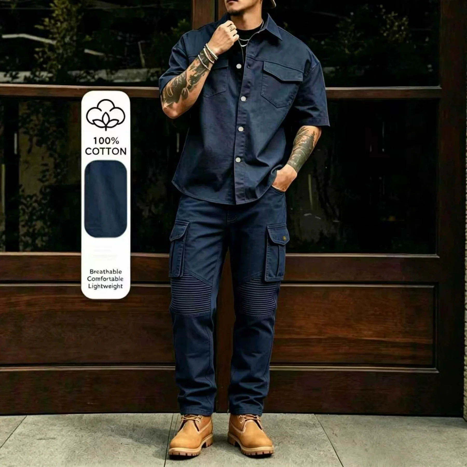 New Men's Casual Workwear 100% Cotton Multi-Pocket Short-Sleeved Shirt and Pants Set - H0448 view 4