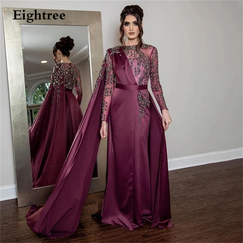 

Eightree Vintage Grape Purple Muslim Evening Gowns Shiny Sequins Split Formal Prom Dresses Saudi Arabia Party Dress for Women