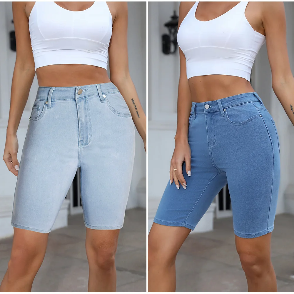 

Шорты Джинсы длиной до колена Женские прямые короткие брюки Эластичная высокая талия Винтажные джинсы Летняя потертая уличная одежда