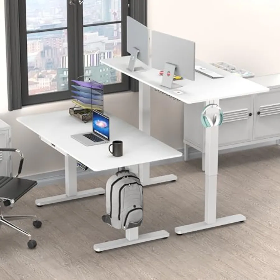 Electric height adjustable standing desk with drawer for office use, steel frame, matte black finish, smooth dual-motor lift sy