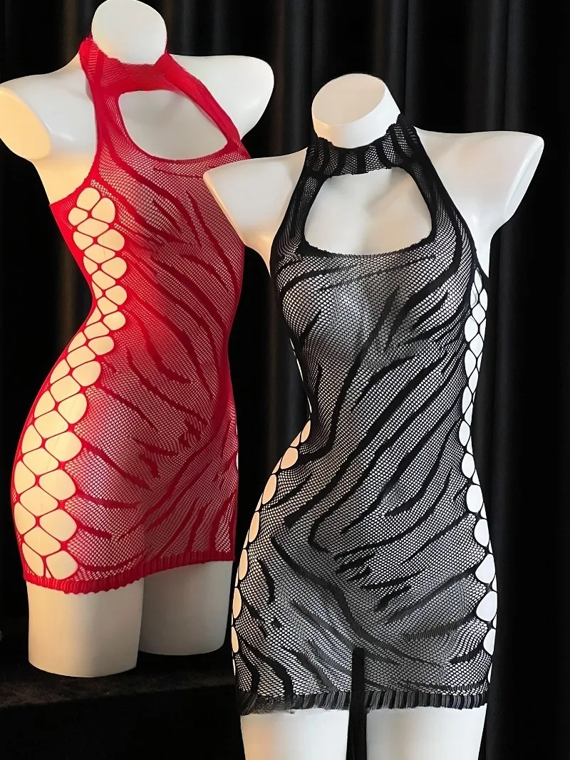 Sukienka z siateczki z wycięciami w zebrę, seksowna bielizna z rozcięciem dla kobiet, prześwitująca bielizna nocna, obcisła mini sukienka bodycon na imprezę dla par