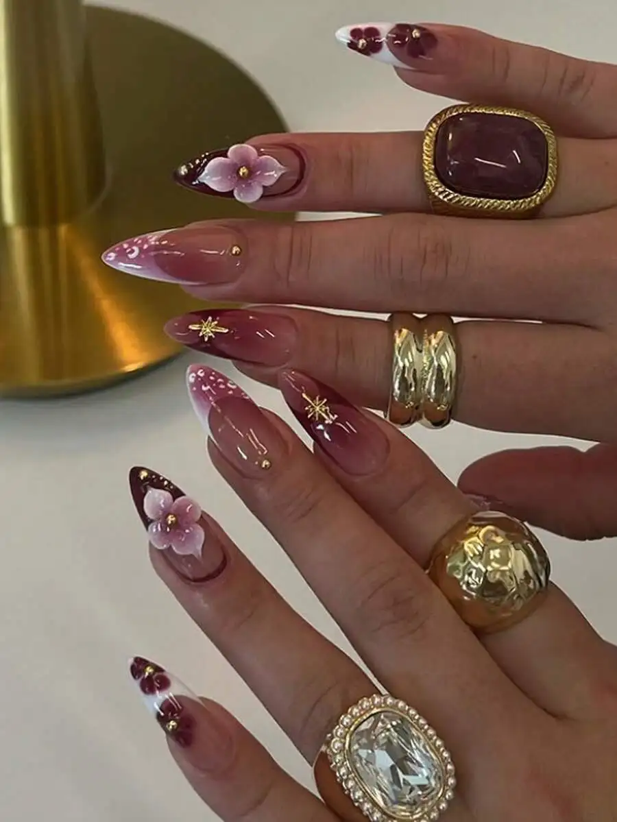 

24pcs/Set Elegant Burgundy Tie Dye Starry Almond Shaped Press-On Nails With Floral & Golden Bead Decor, Includes Gel Polish And