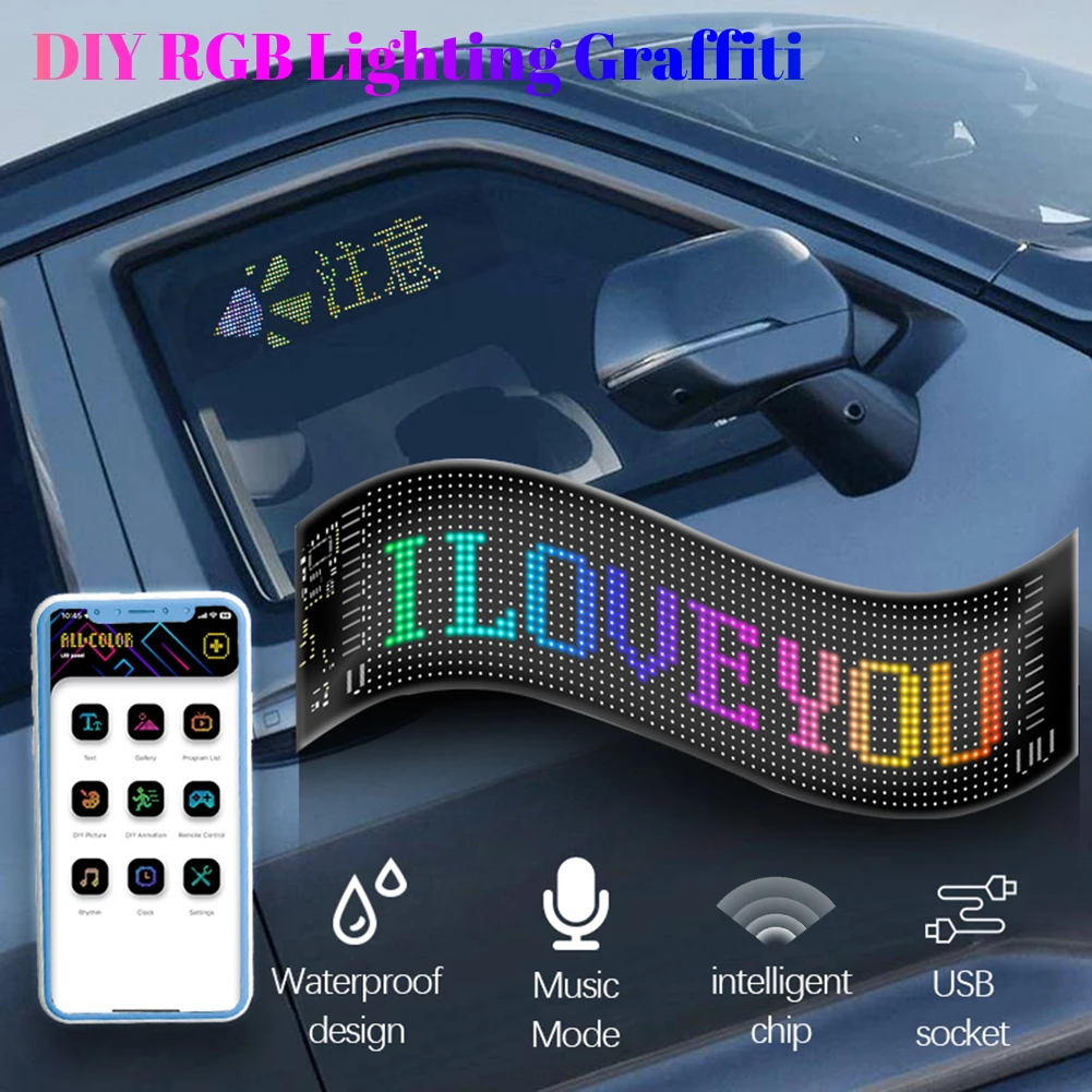 APP Control Car LED Matrix Pixel Panel Funny DIY RGB Lighting Graffiti Scrolling Text Board Windshield Advertising Screen