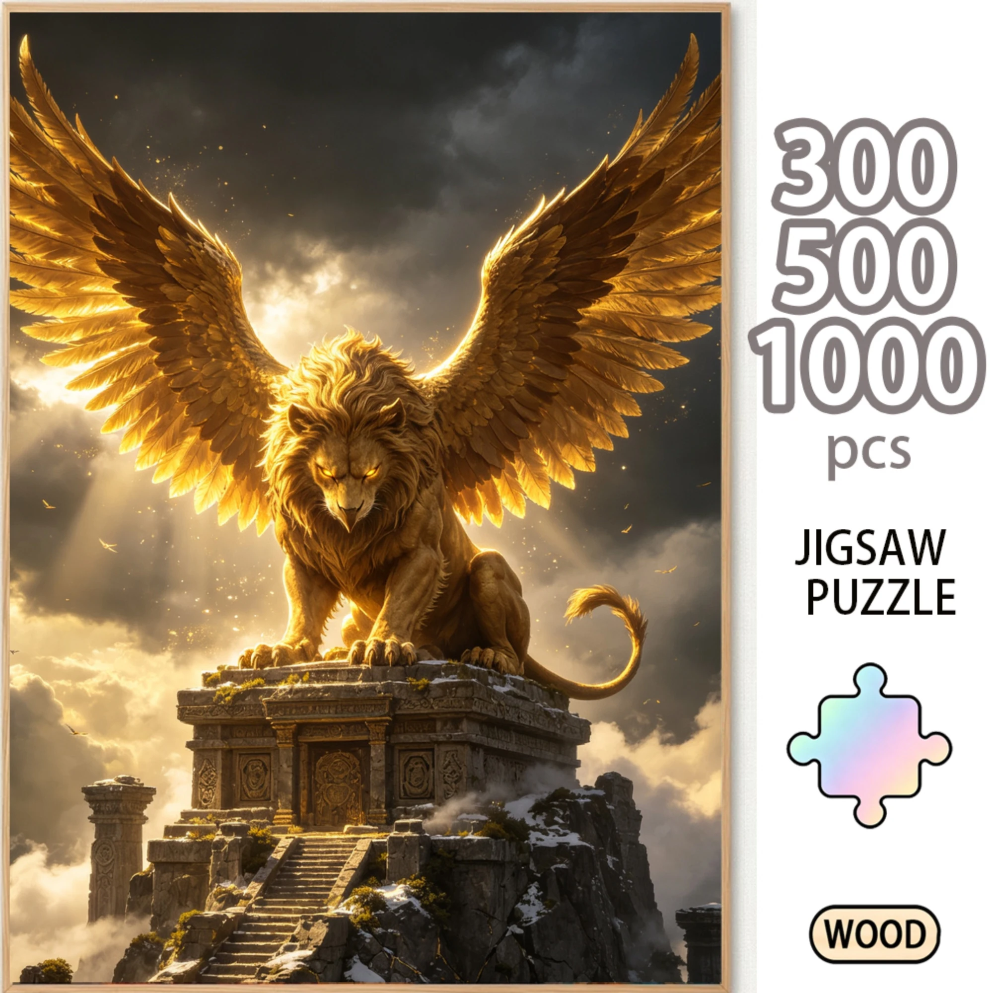 Golden Winged Lion Temple Wooden Jigsaw Puzzle 300/500/1000 Piece Mythical Beast Statue Oil Painting Art Board Assembly Decor Gift for Adults