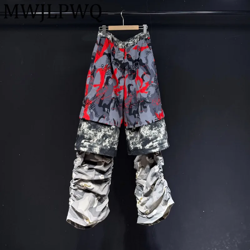 

MWJLPWQ Design 2025 Новые плиссированные лоскутные повседневные брюки с принтом из 3 предметов, мужские свободные широкие брюки для улицы 12740