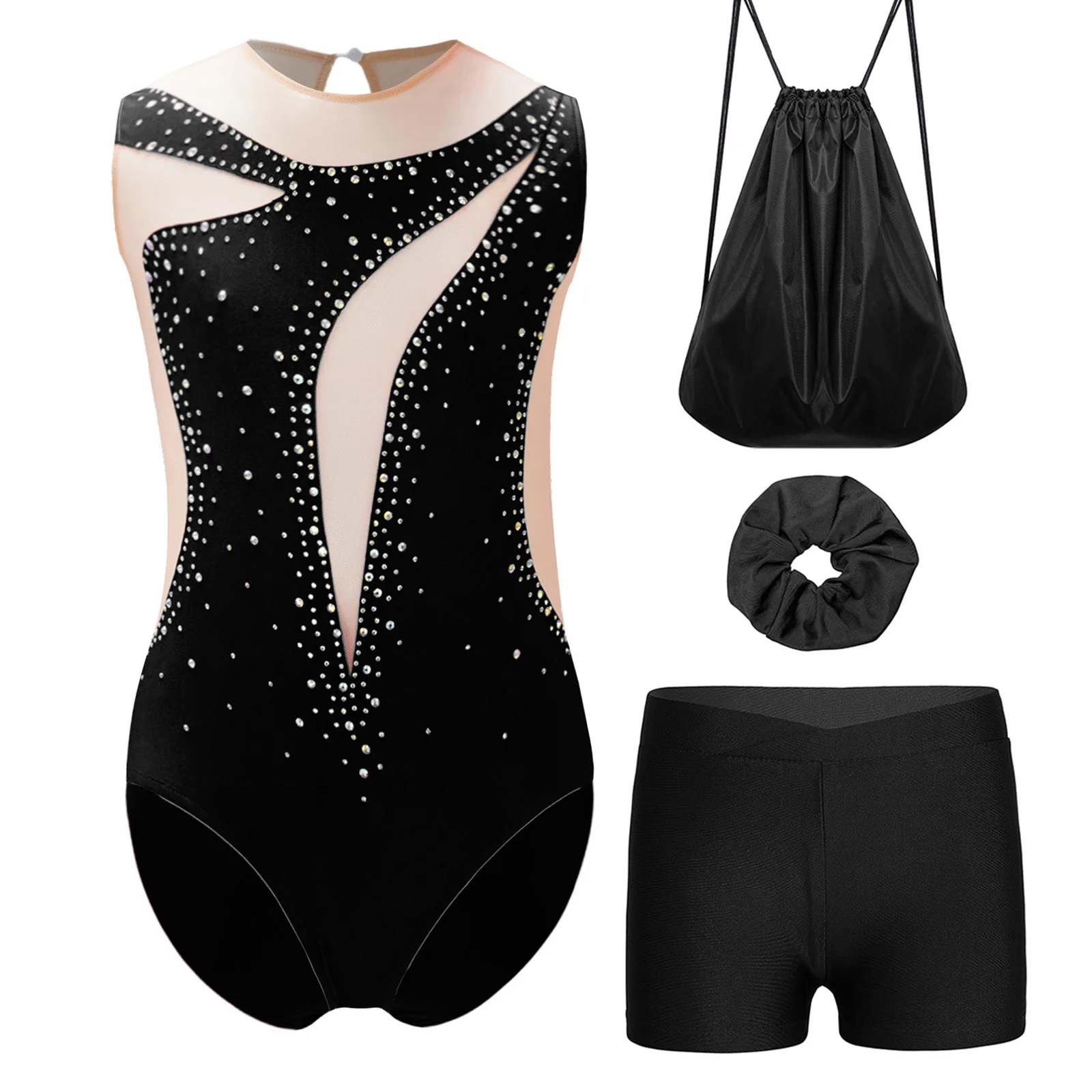 Kids Girls Figure Skating Dance Outfit Sleeveless Mesh Patchwork Shiny Rhinestone Leotard with Shorts Hairband and Backpack Set