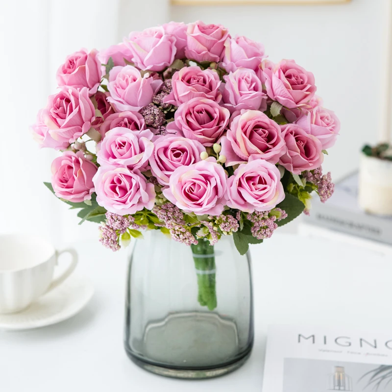 1 قطعة الزهور الاصطناعية الحرير باقة الورد لعيد الميلاد حديقة المنزل الزفاف باقة الزفاف الديكور تشكيلة زهور ذاتية الصنع #5