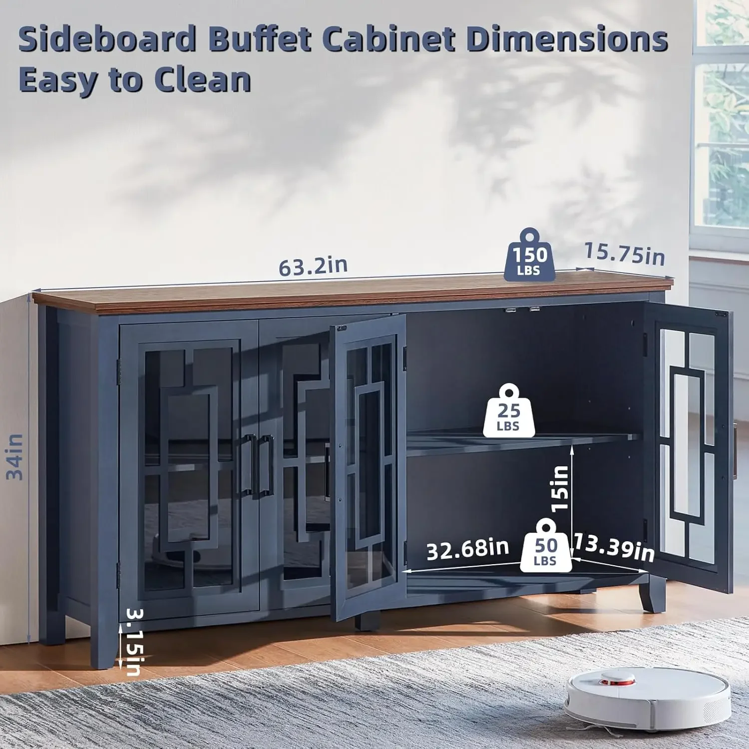 [XMSJ-مخزون محدود، اشتر الآن! ]خزانة بوفيه جانبية كبيرة مع مساحة تخزين، خزانة بار نبيذ القهوة للمطبخ مقاس 63 بوصة مع 4