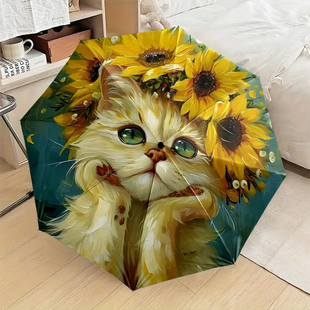 1PC Lovely Cat and Sunflower Design Umbrella Print 8 Iron Ribs Folding Umbrella Auto-Open Fashion Sunshade