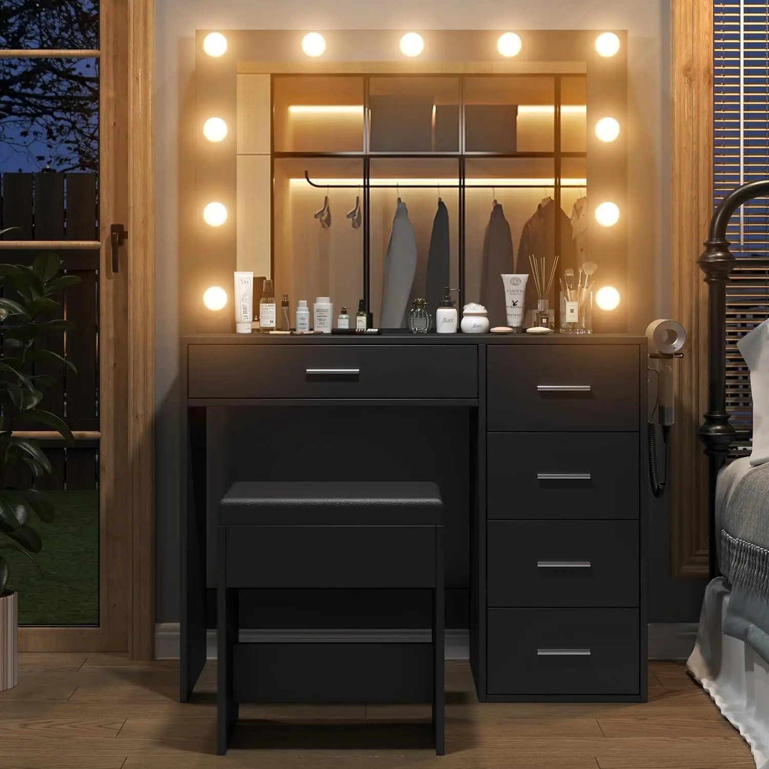 Desk & Power Outl,Makeup Vanity with Mirror and LED Lights,5 Drawers,Chair,Set 3 Lighting Modes Brightness Adjustable,Black