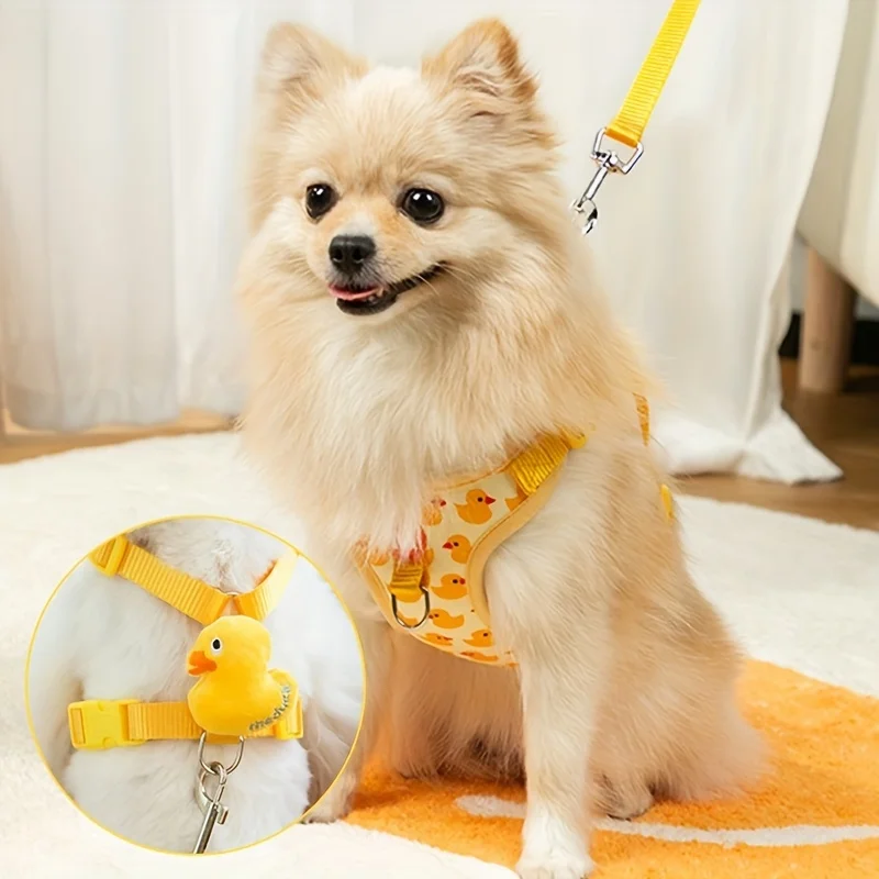 Cartoon Duck Print Pet Harness Dog Traction Rope Escape Proof Breathable Mesh Dog Vest Harness With Walking Leash