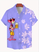 Men's summer fashion casual shirt, polyester fiber non-elastic breathable, cute cartoon character print versatile shirt