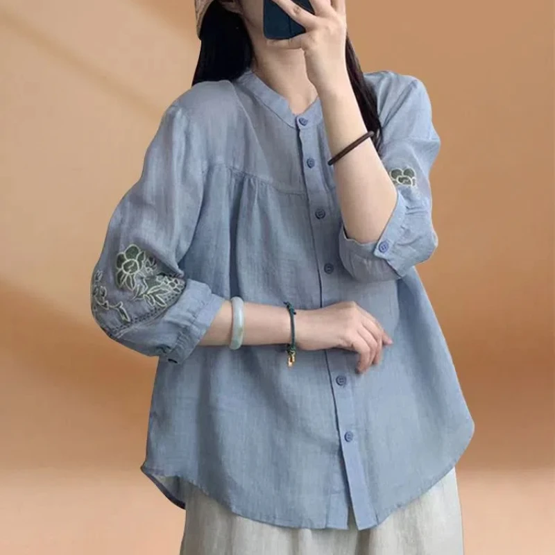 Chinese Style Embroidered Shirt New Retro Literary Style Loose and 7-part Sleeve Versatile Base Shirt