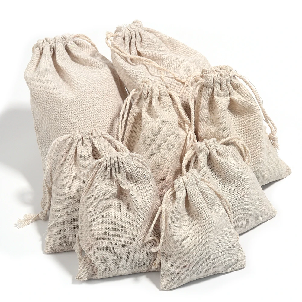 5/10Pcs Natural Burlap Cotton Linen Drawstring Bags Favor Wedding Christmas Party Gift Bags Jewelry Packaging Bags&Pouches