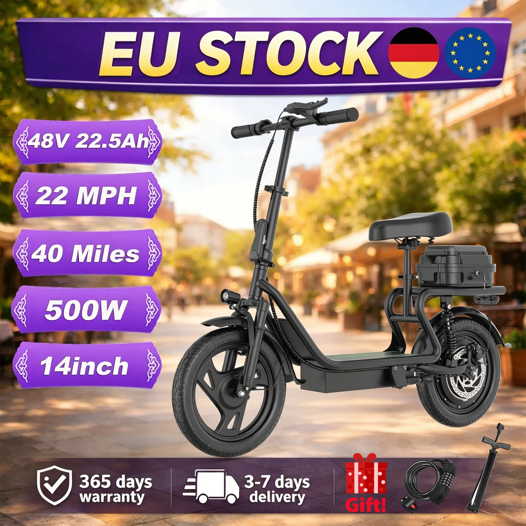Trottinette électrique adulte EU 500W, batterie 48V 22.5Ah, pneus de 14 pouces, pliable, trottinette électrique de banlieue avec boîte de rangement, vitesse de 22 MPH, autonomie de 40 miles