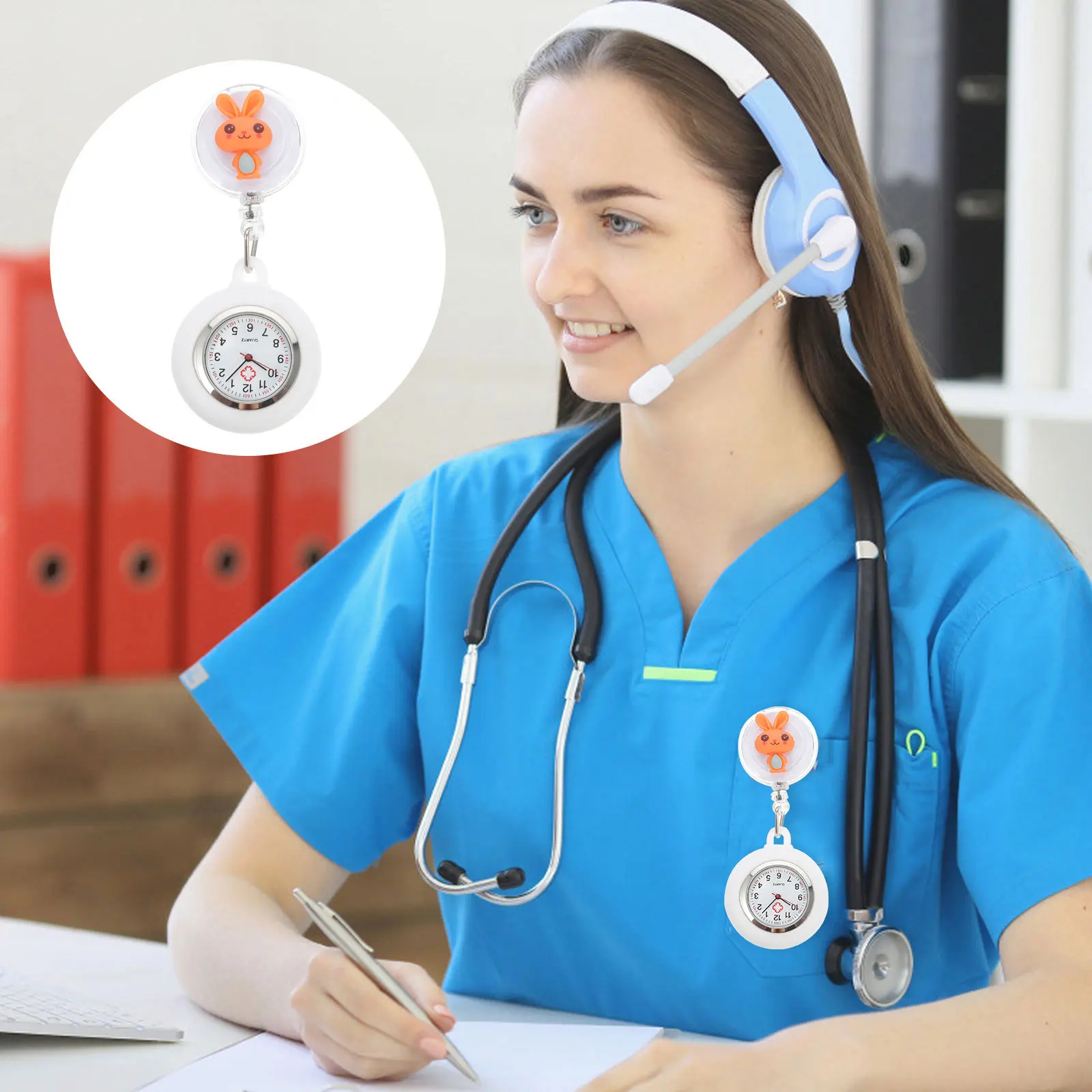 

Rabbit Nurse Pocket Cartoon Chest Watch For Doctor Exam Nursing Staff Gift Simple Practical Accurate Durable Retractable Chain