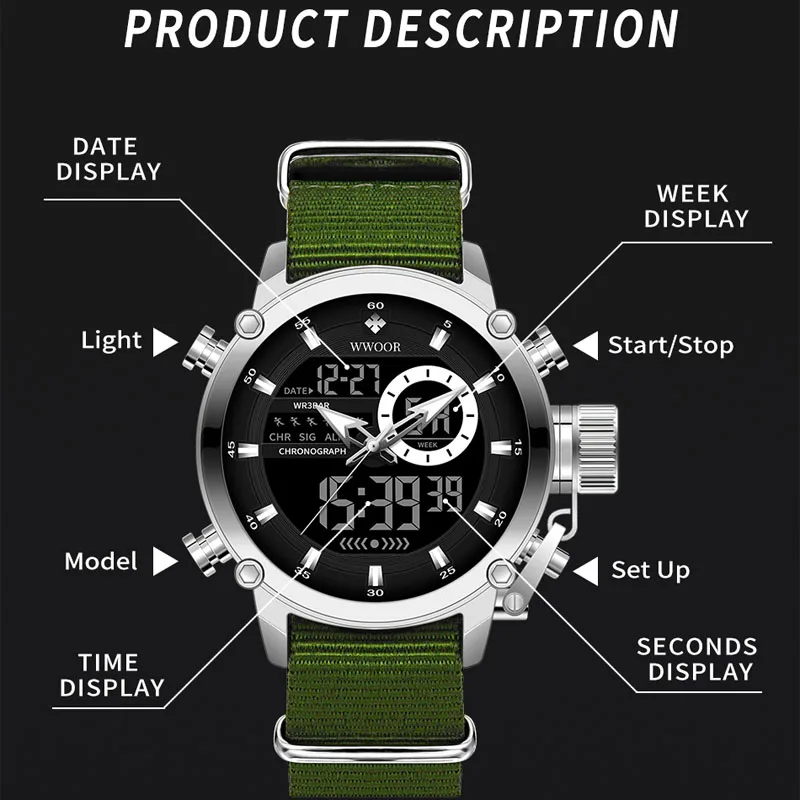 WWOOR Fashion Watches For Men Luxury Business Digital Wristwatch Military Sports Quartz Male Watch Waterproof Clock Montre Homme