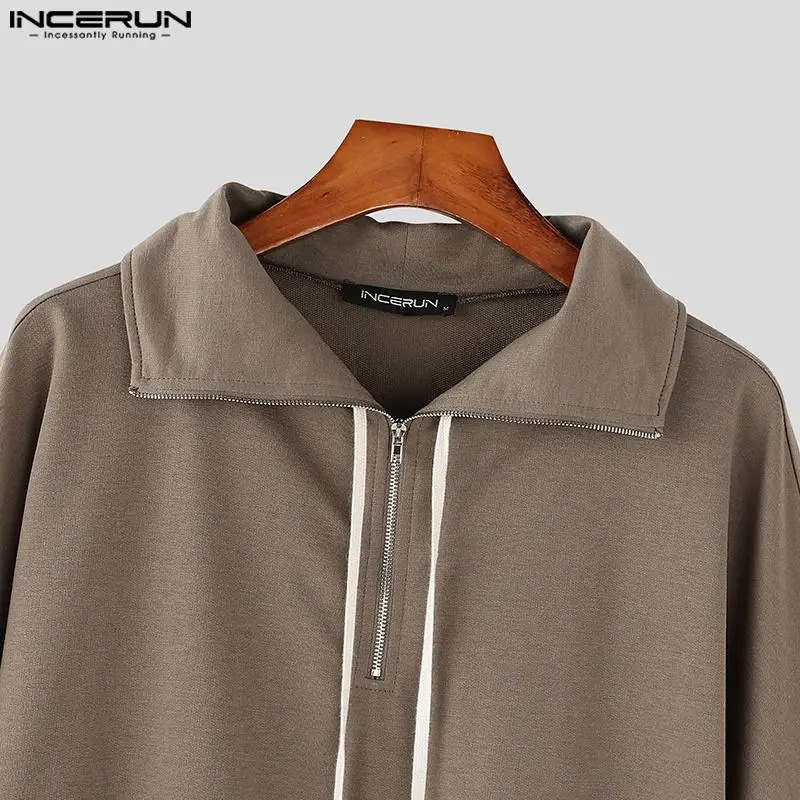 INCERUN pullover pria kerah Lapel ritsleting, atasan lengan panjang warna Solid saku besar jalan kota bertali