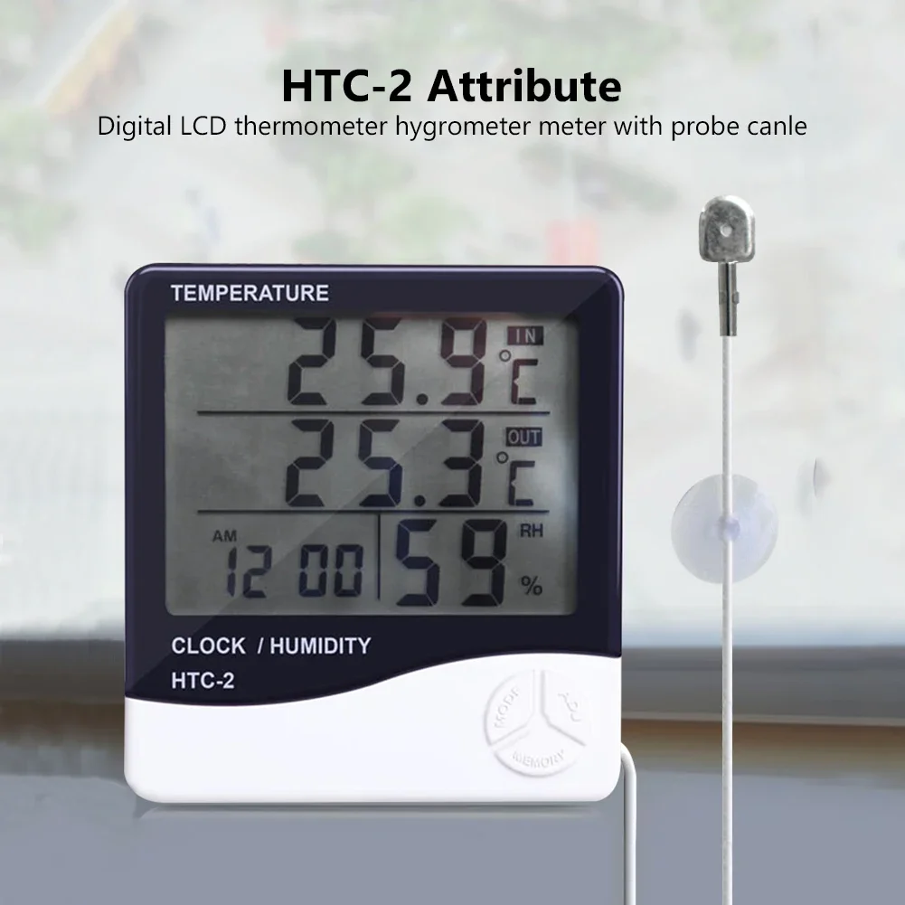 

1pcs Home Indoor Outdoor hygrometer thermometer Weather Station with Clock LCD Digital Temperature Humidity Meter HTC-2