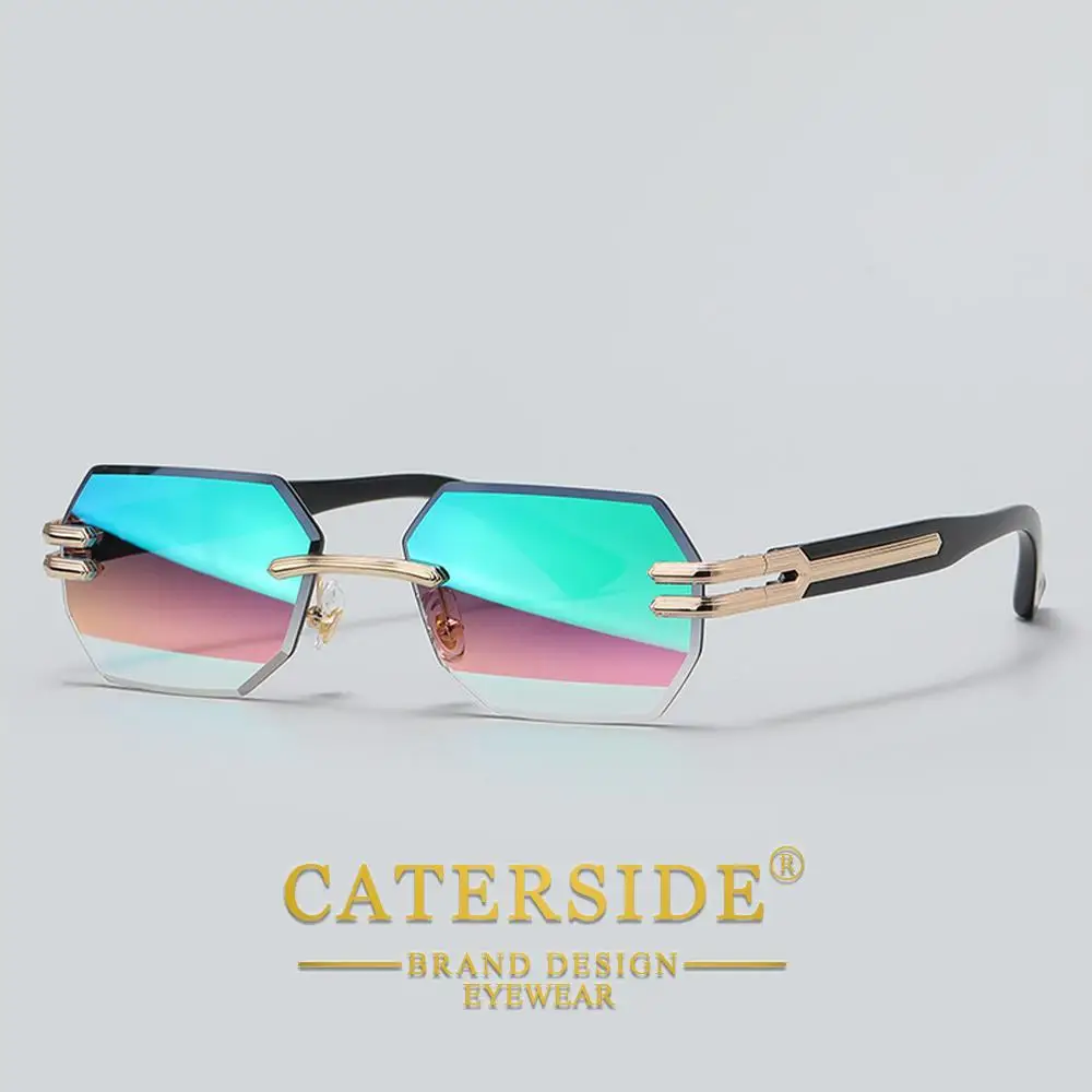 CATERSIDE Neue rahmenlose Sonnenbrille für Herren, modische polygonale Spiegellinsen mit Farbverlauf, Metallrahmen, Damen-Party-Sonnenbrille für den Außenbereich – Detail 18