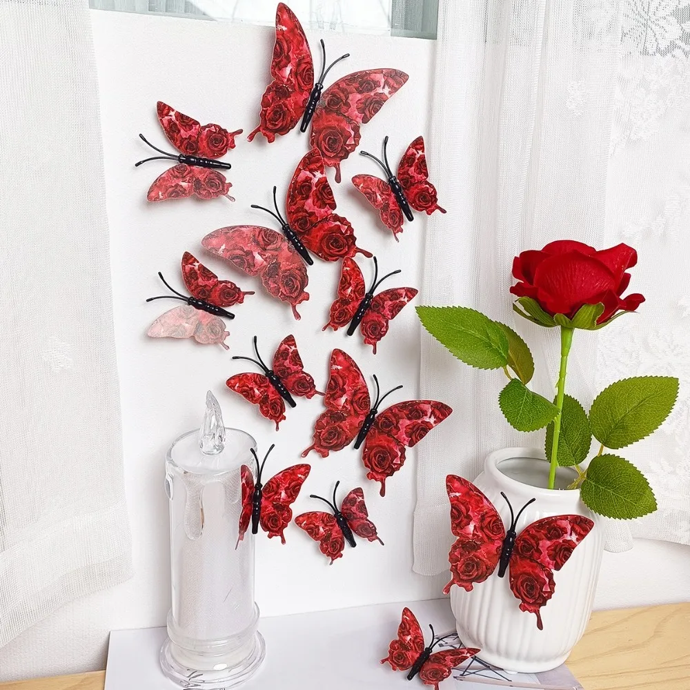 12pcs 3D Rose Butterfly Wall Stickers Double-Layer Valentines Day Decals Butterfly Wall Art Self Adhesive DIY Gift