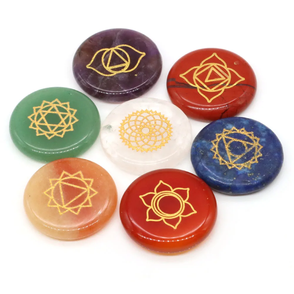 Healing Stone 7 Chakra Reiki Symbol Crystal Set Wicca Engraved Rune Spirit Reiki Energy Meditation Yoga Aura Gemstone Decor gift