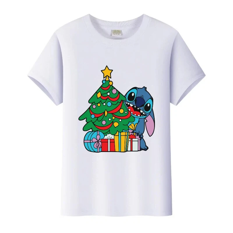 

Детские блузки с рождественской графикой Disney Stitch, топы больших размеров для мальчиков, семейная мужская футболка с круглым вырезом, женская одежда для девочек, черные футболки