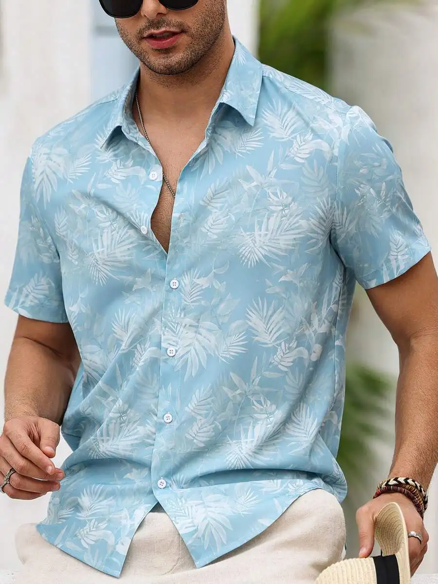 

Men's Light Blue Tropical Leaf Print Short Sleeve Casual Shirt for Summer