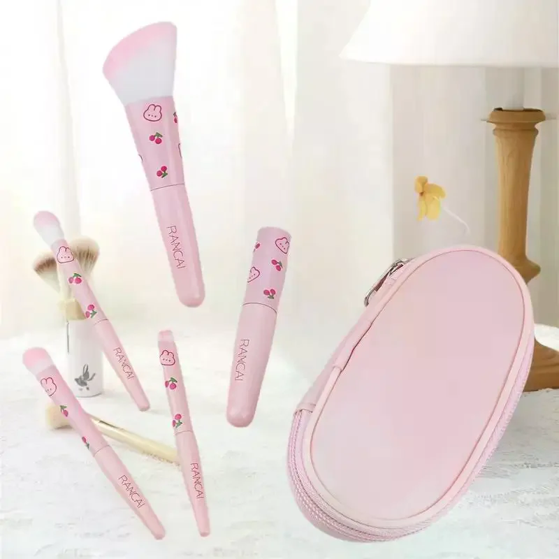 Ensemble de pinceaux de maquillage compacts et mignons, avec étui, brosse Premium pour fond de teint impeccable, Blush, fard à paupières, outils de beauté, 5 pièces