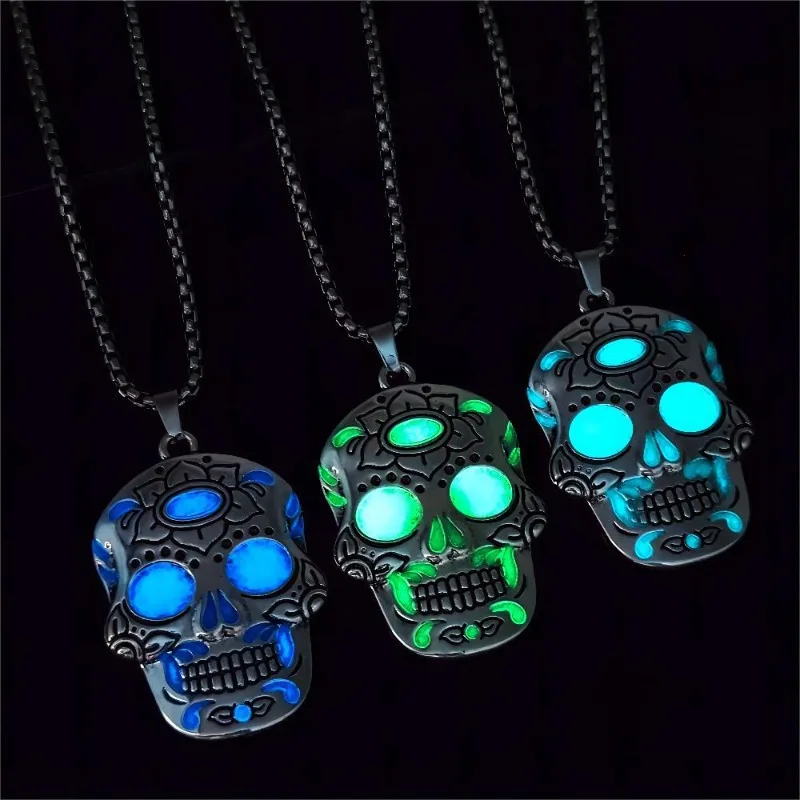 Trendy Mexican candy metal luminous skull, Halloween of the Dead lotus pattern, ancient silver glowing skull pendant