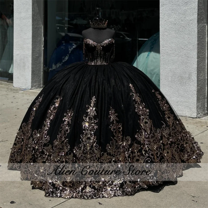 Glitter Black Ball Gown Princess Quinceanera Dress 2024 Sequin Appliques Sweet 16 Party Gown Vestidos De 15 Años Birthday Gowns