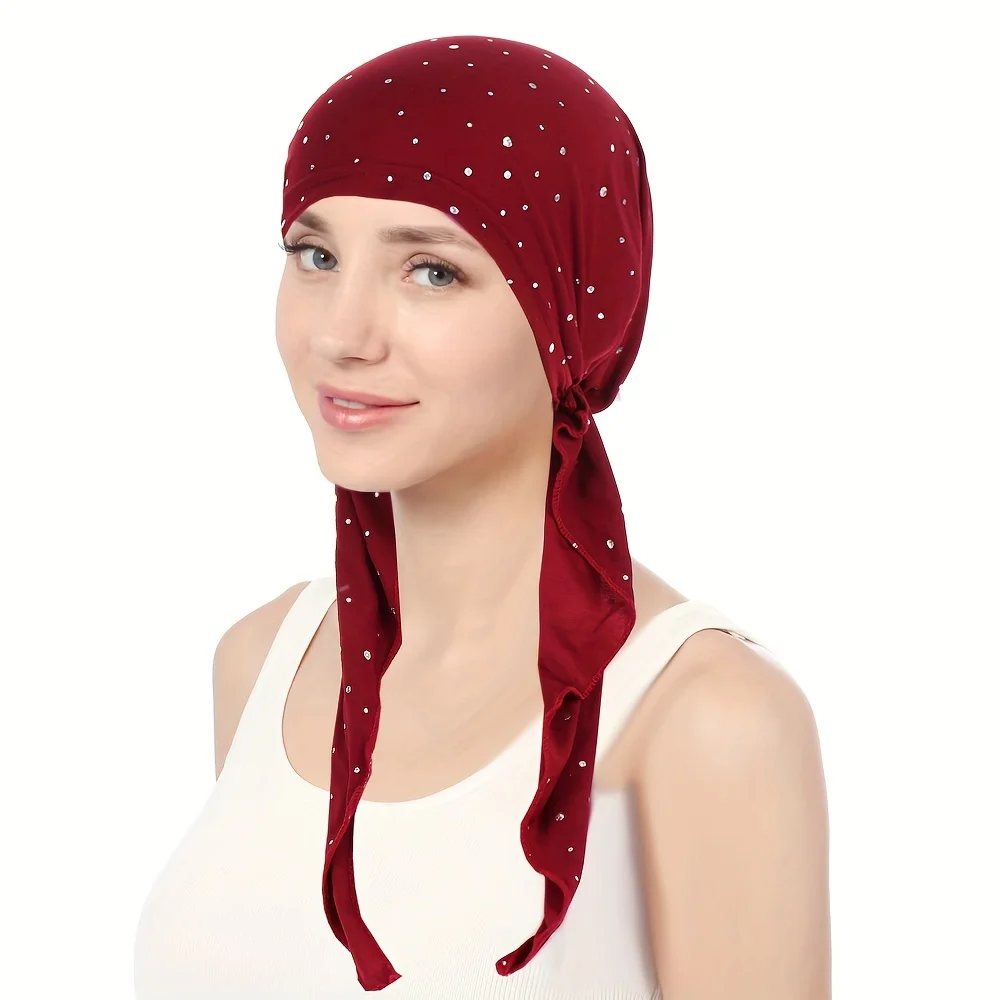 Rhinestone Decor Turban Hat Solid Color Elastic Head Wraps Casual Skull Cap Beanies Chemo Cap For Women