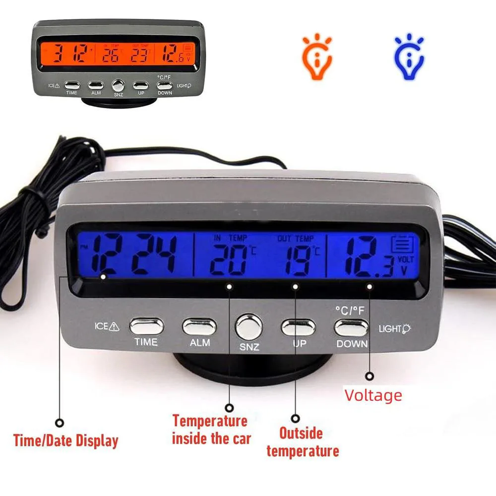 3 w 1 Samochodowy inteligentny termometr cyfrowy zegar woltomierz Wyświetlacz LED DC 12V monitor napięcia wewnętrznego i zewnętrznego samochodu — zdjęcie 4