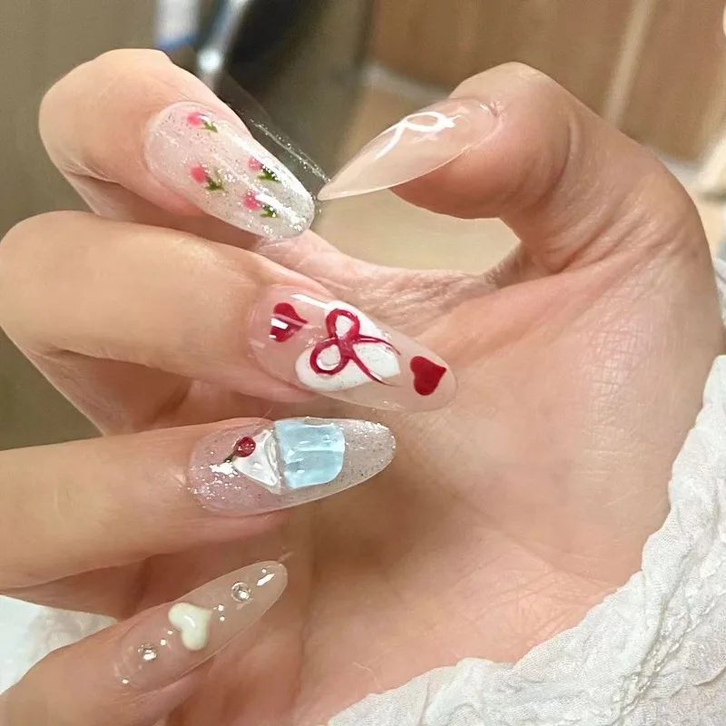 10 Stück handgemachte Press on Nails Sommer Mandel Stick-on Nails süße Kuchen Schleife falsche Nägel mit Design koreanischer Nagel Kostenloser Versand